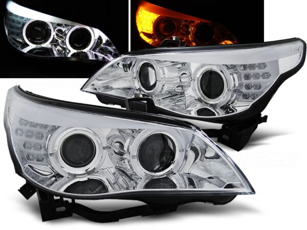 Frontlykter BMW E60/E61 03-07 Angel Eyes Chrome LED Blinklys