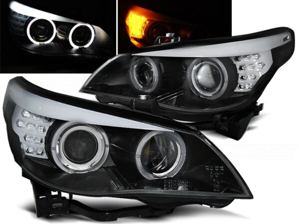 Frontlykter BMW E60/E61 03-07 Angel Eyes Sort LED Blinklys