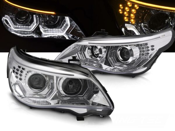 Frontlykter BMW E60 E61 03-07 Angel Eyes LED 3D Krom