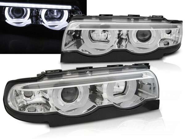 Frontlykter BMW E38 94-01 Angel Eyes LED 3D Krom