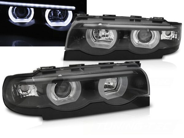 Frontlykter Sort BMW E38 94-01 Angel Eyes LED 3D