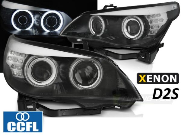 Frontlykter BMW E60/E61 03-04 Xenon D2S Ccfl Angel Eyes Sort LED Blinklys
