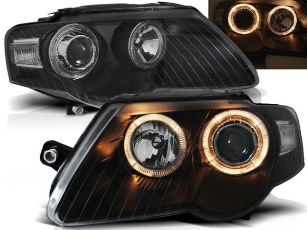 Frontlykter VW Passat B6 3C 03.05-10 Angel Eyes Black