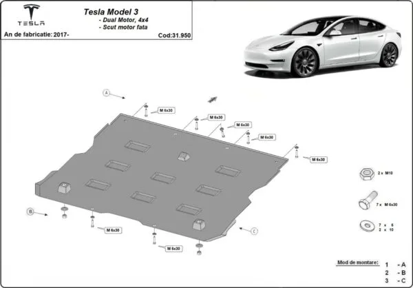Frontdeksel for elmotor Tesla Model 3 AWD 2017-2024