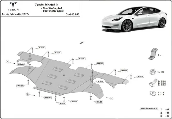 Motordeksel bak Tesla Model 3 AWD 2017-2024