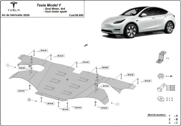 Motordeksel bak Tesla Model Y AWD 2020-2024