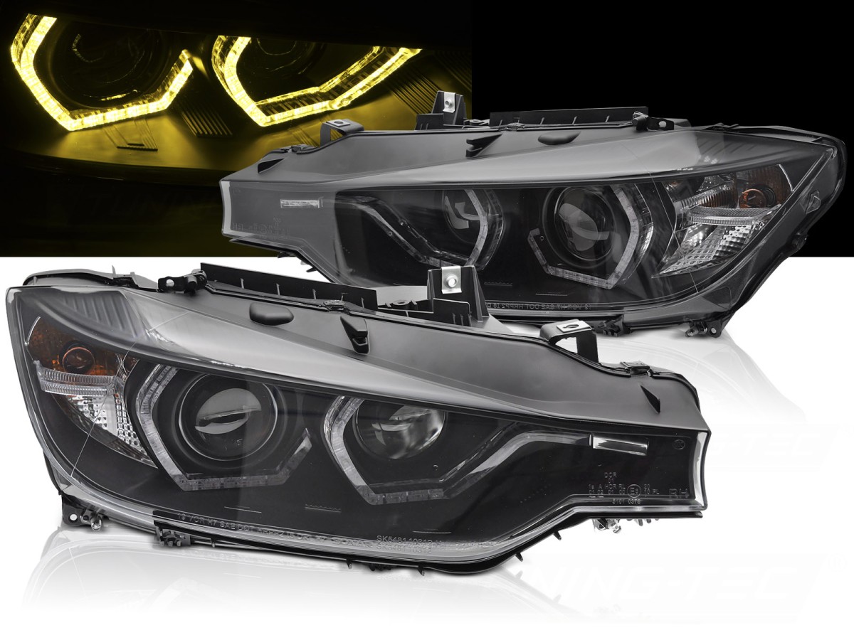 Frontlykter BMW F30/F31 11-15 Angel Eyes Yellow LED DRL Black