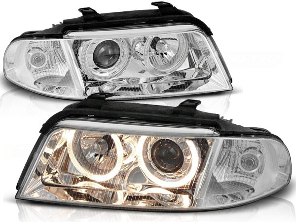 Frontlykter Audi A4 01.99-09.00 Angel Eyes Chrome