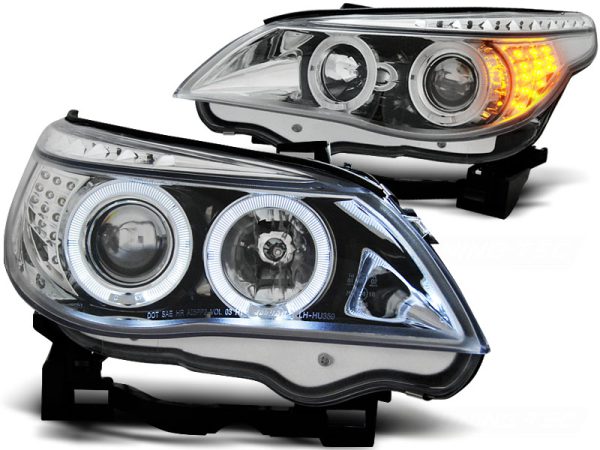 Frontlykter Bmw E60 / E61 03-07 Angel Eyes Chrome Led - Bilde 2