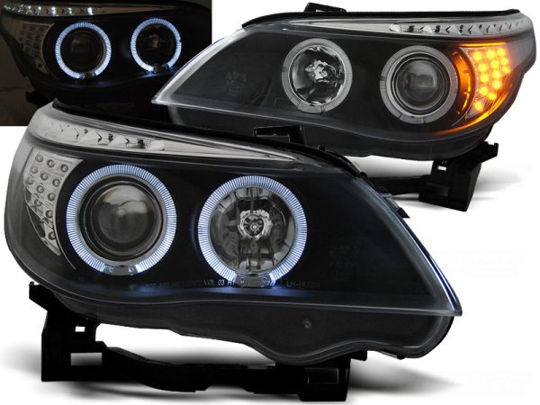 Frontlykter Bmw E60 / E61 03-07 Angel Eyes Black Led Blinklys