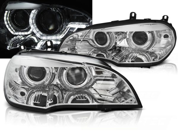Frontlykter Bmw X5 E70 07-10 Xenon Angel Eyes Led Drl Chrome