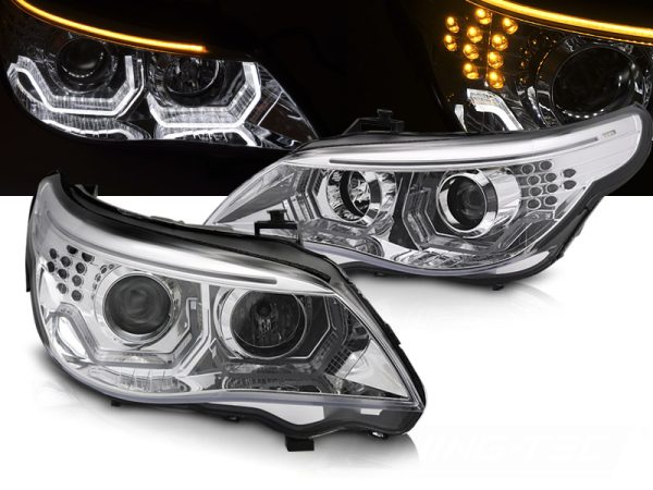 Frontlykter Bmw E60 E61 03-07 Angel Eyes Led 3D Chrome
