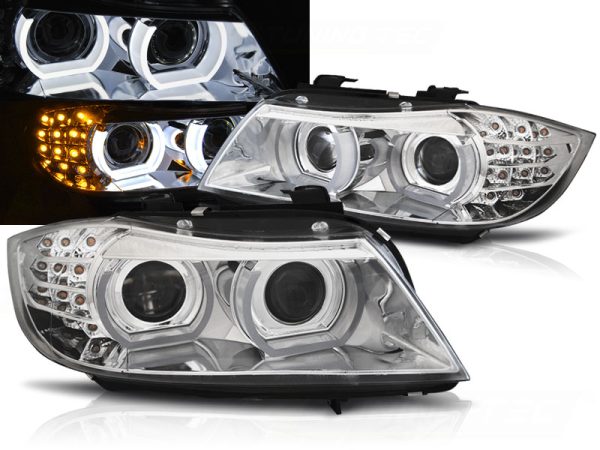 Frontlykter Bmw E90 / E91 09-11 Xenon Angel Eyes Led Drl Chrome