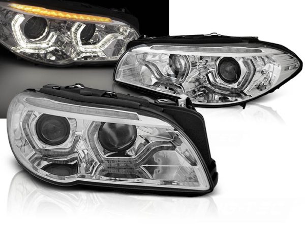 Frontlykter Bmw F10 / F11 10-13 Xenon Angel Eyes Led Drl Chrome Seq