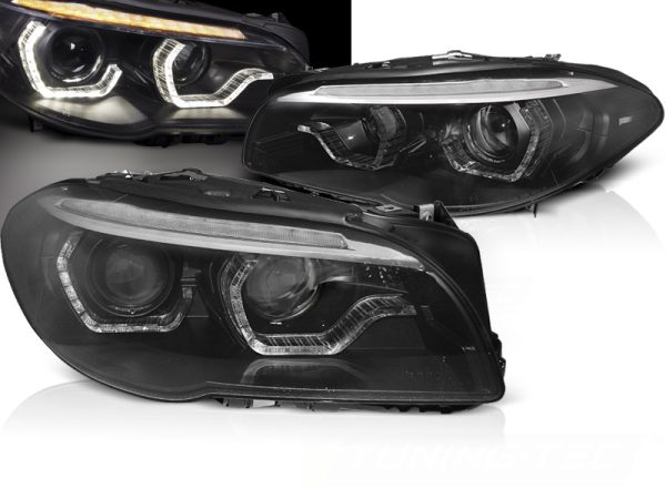 Frontlykter Bmw F10 / F11 10-13 Xenon Angel Eyes Led Drl Black Seq