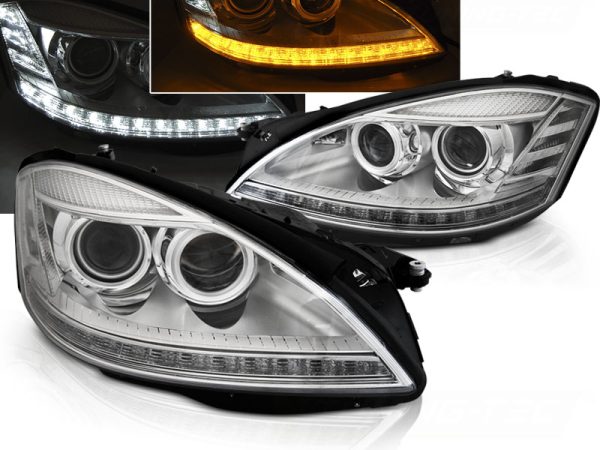 Frontlykter Mercedes W221 05-09 Xenon Lyskaster Daylight Chrome Seq