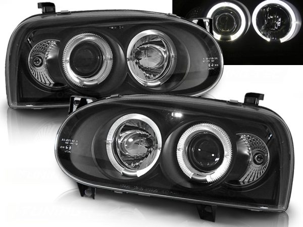 Frontlykter VW Golf 3 09.91-08.97 Angel Eyes Black