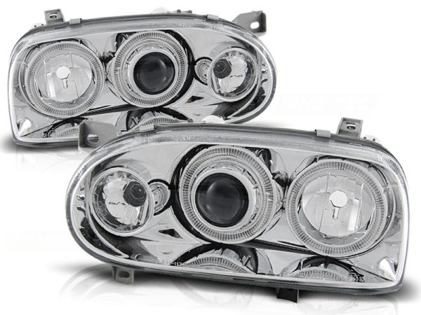 Frontlykter VW Golf 3 09.91-08.97 Angel Eyes Chrome - Bilde 2