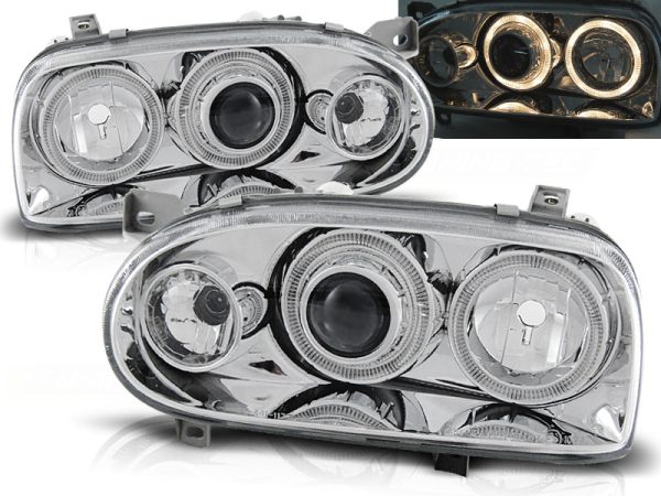 Frontlykter VW Golf 3 09.91-08.97 Angel Eyes Chrome