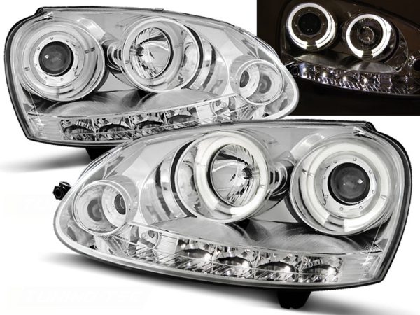 Frontlykter VW Golf 5 10.03-09 Angel Eyes Chrome