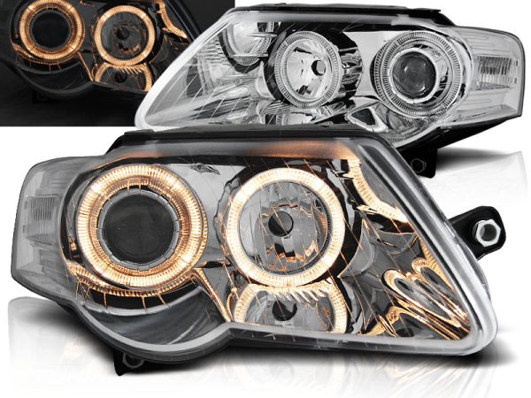 Frontlykter VW Passat B6 3C 03.05-10 Angel Eyes Chrome