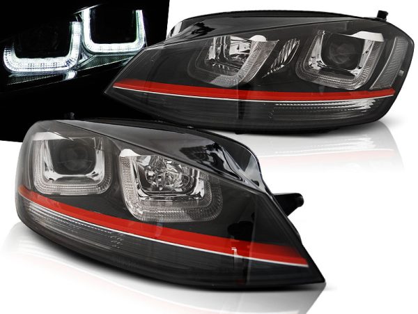 Frontlykter VW Golf 7 12-17 U-Led Lys Black Med Red Linje Sport