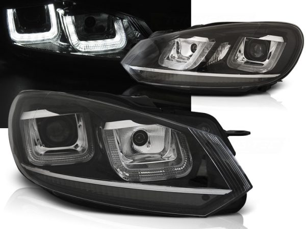 Frontlykter VW Golf 6 08-12 U-Led Lys Drl Black Chrome Line