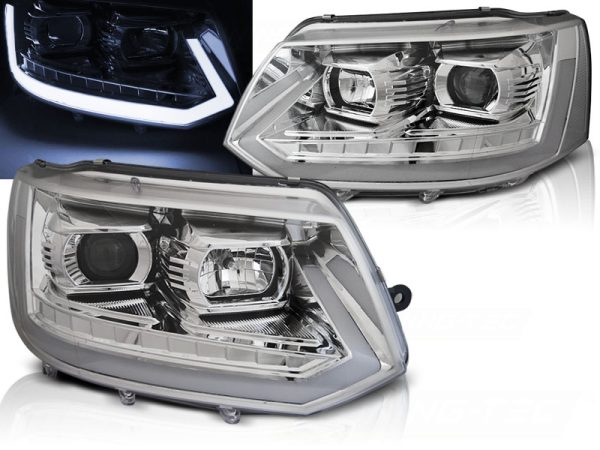 Frontlykter VW T5 2010-2015 Tube Light Chrome Seq