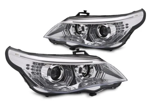 Frontlykter BMW E60 E61 03-07 Angel Eyes LED 3D Krom - Bilde 2