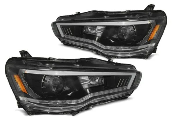 Frontlykter Mitsubishi Lancer 8 08-16 Rørlys SEQ Sort